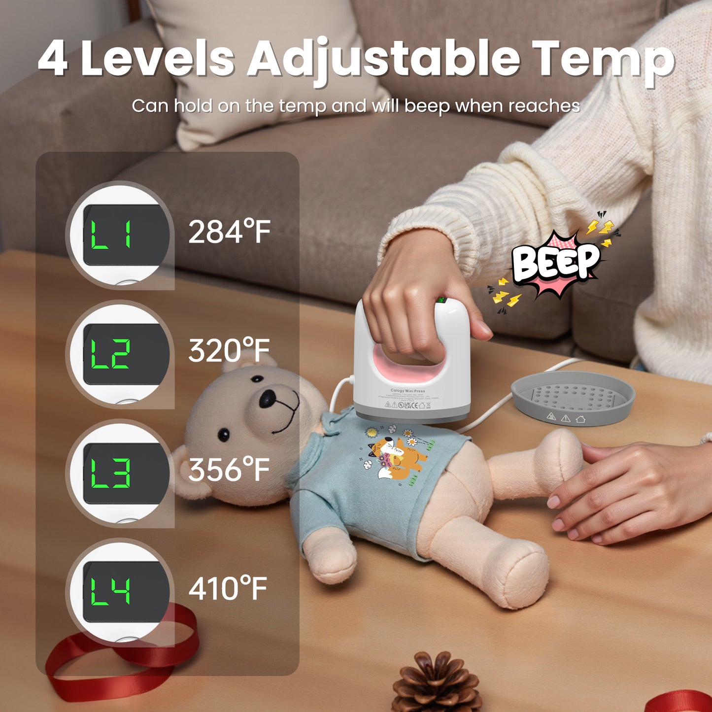 Calogy Super Mini Heat Press Machine, Fast Up to Max 410℉ in 3Mins & 4 Heating Setting with LED Display, Mini Iron for Crafting with Precision Tip, Easy for Small Objects Like Shoes, Hats (White Pink)