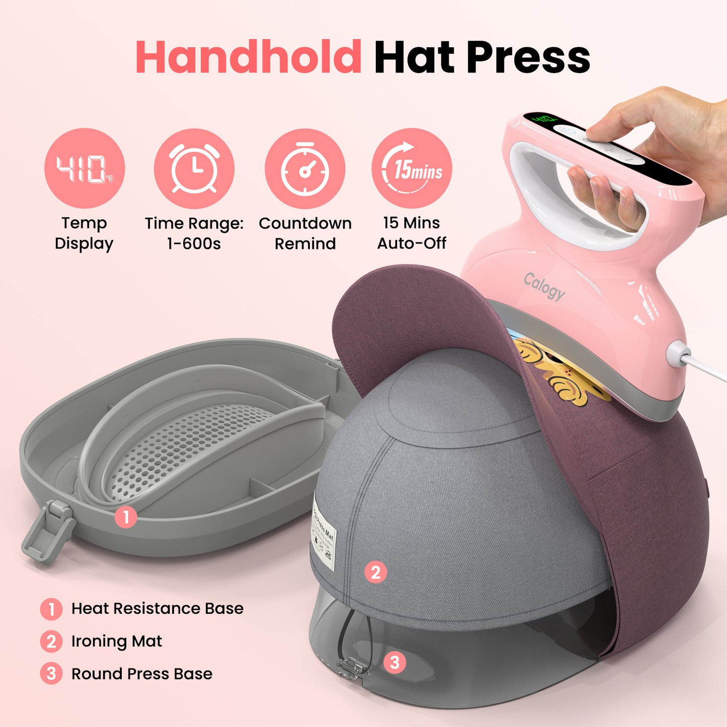 Calogy Hat Press Heat Machine for Caps, Mini Portable Hat Heat Press with Timer, Max 410℉,Precision Temp Control ±5℉, Fast & Evenly Heating 2.76*6.3in Curved Plate for 6 1/2-8 hat，21-26 Girth (Blue)