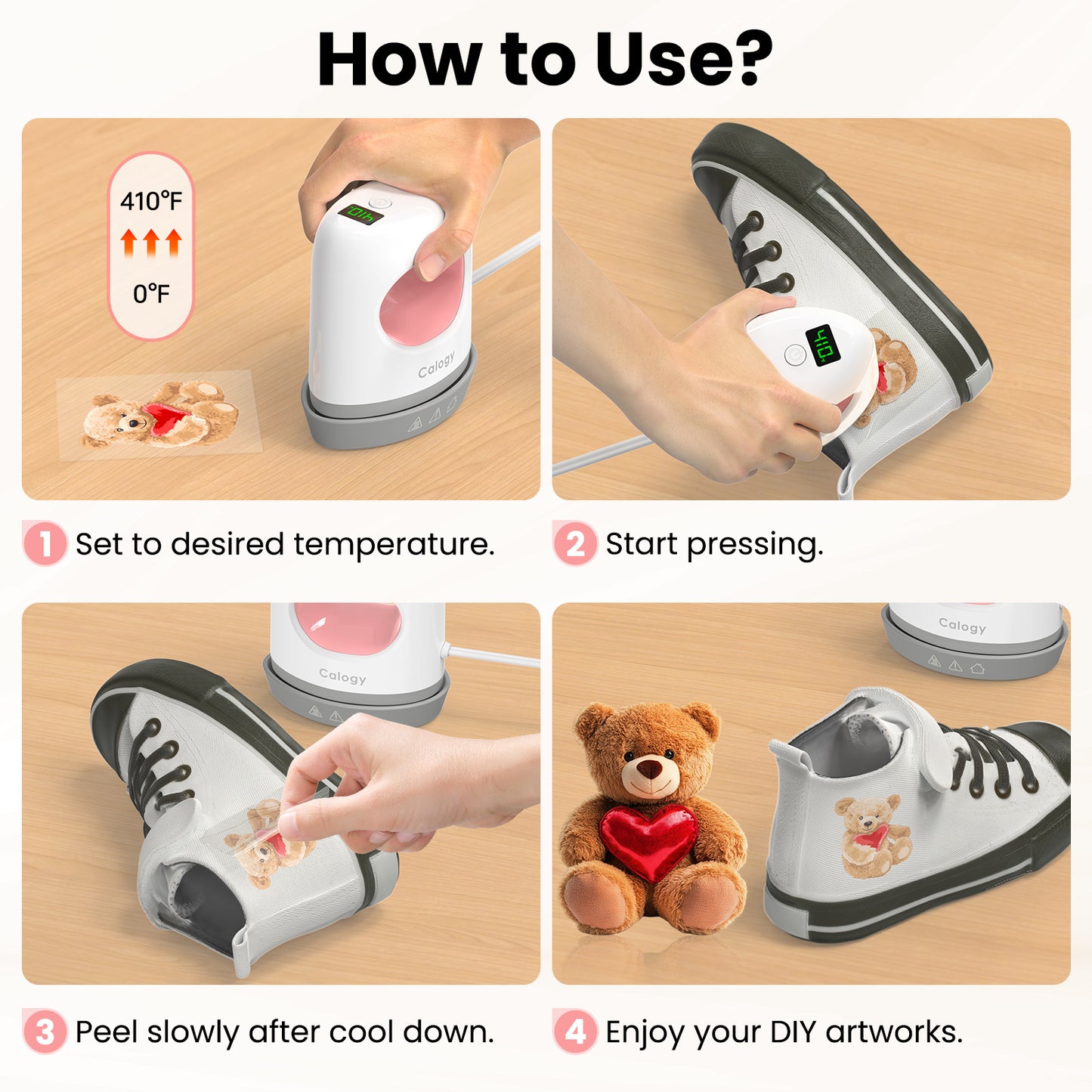 Calogy Super Mini Heat Press Machine, Fast Up to Max 410℉ in 3Mins & 4 Heating Setting with LED Display, Mini Iron for Crafting with Precision Tip, Easy for Small Objects Like Shoes, Hats (White Pink)