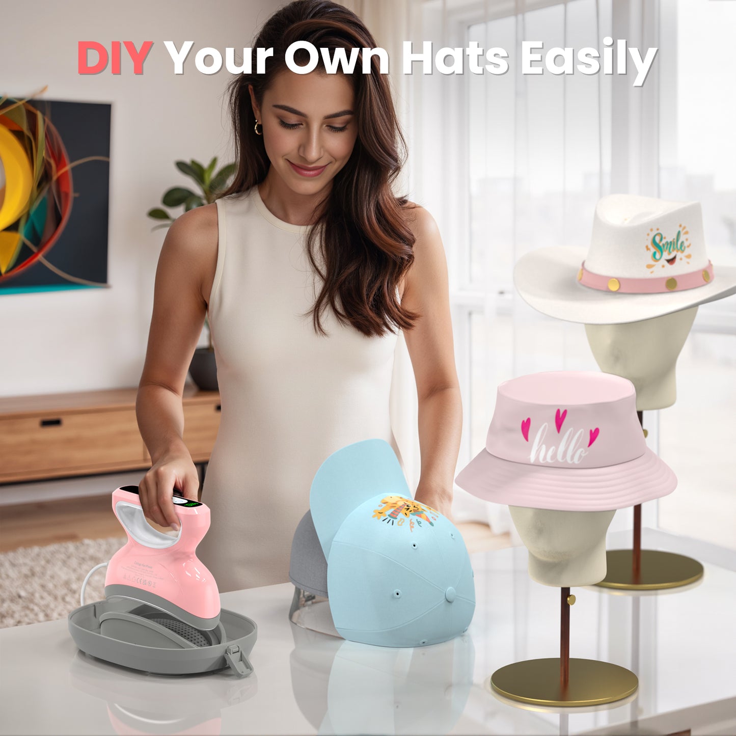 Calogy Hat Press Heat Machine for Caps, Mini Portable Hat Heat Press with Timer, Max 410℉,Precision Temp Control ±5℉, Fast & Evenly Heating 2.76*6.3in Curved Plate for 6 1/2-8 hat，21-26 Girth (Blue)