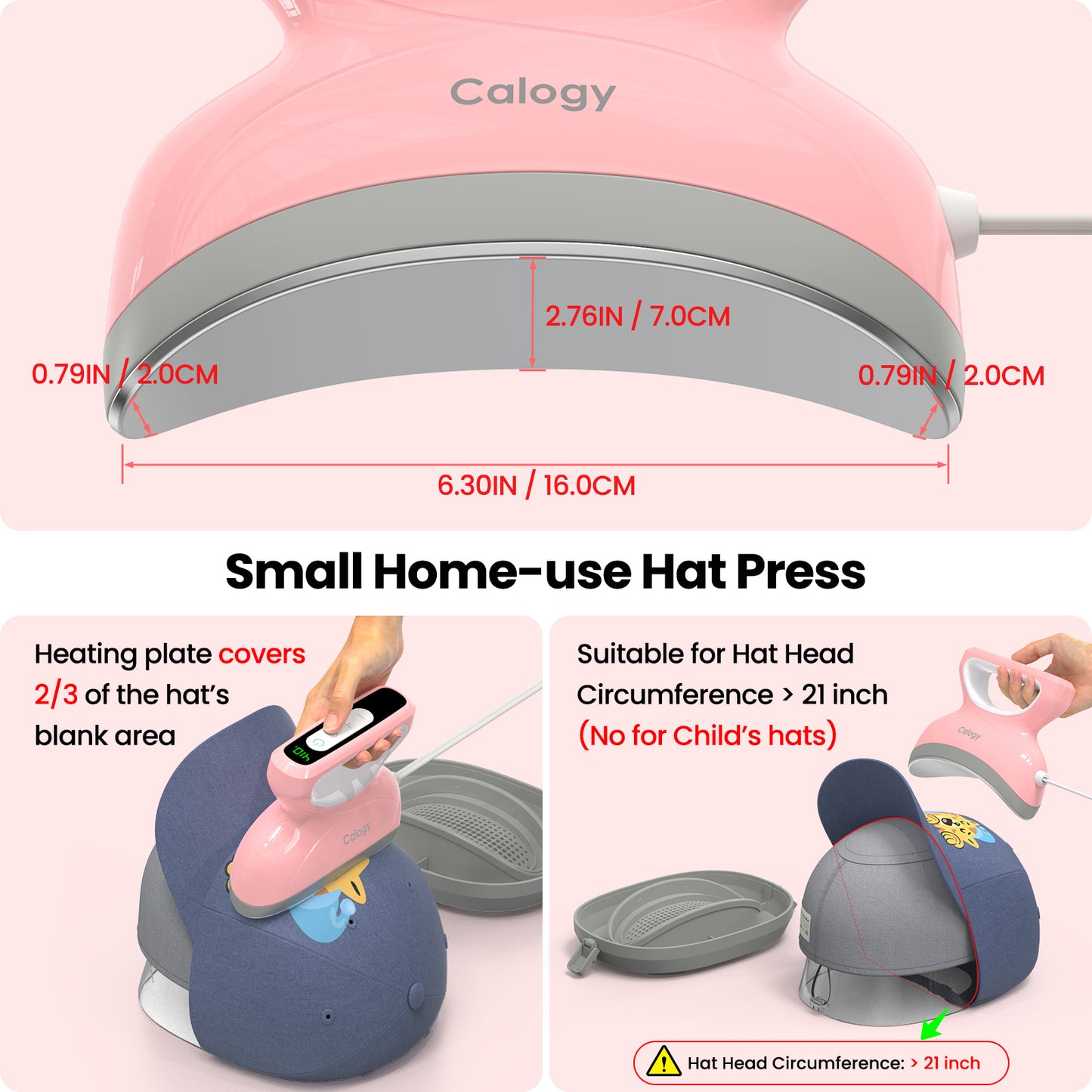 Calogy Hat Press Heat Machine for Caps, Mini Portable Hat Heat Press with Timer, Max 410℉,Precision Temp Control ±5℉, Fast & Evenly Heating 2.76*6.3in Curved Plate for 6 1/2-8 hat，21-26 Girth (Blue)