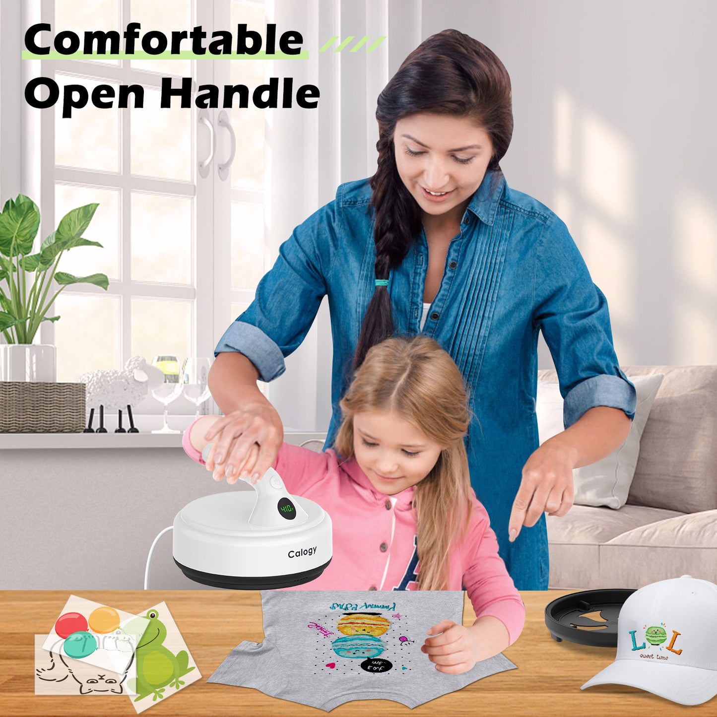 Calogy Mini Heat Press, Small Round Heat Press Machine 5" Diameter, Portable Iron 4 Levels Temp Max 410℉ for Heating Transfer Sublimation Crafts, DIY Coaster, Bag, Pillow, Ceramic (Baby Pink)