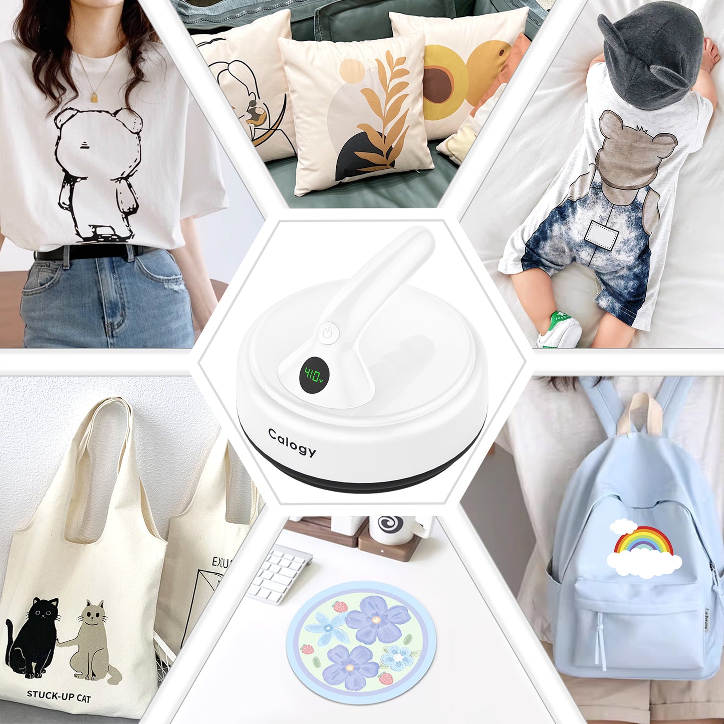 Calogy Mini Heat Press, Small Round Heat Press Machine 5" Diameter, Portable Iron 4 Levels Temp Max 410℉ for Heating Transfer Sublimation Crafts, DIY Coaster, Bag, Pillow, Ceramic (Baby Pink)